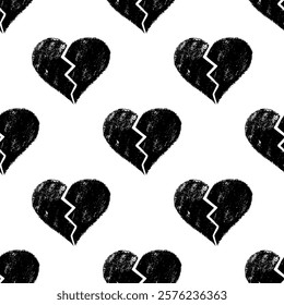 Seamless pattern with crayon broken hearts on white background

