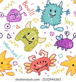 Seamless pattern with crayon children drawing. Vector cartoon doodle illustration with cute kind monsters for halloween or notebook cover