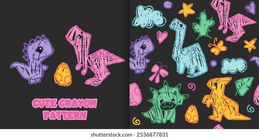 Seamless pattern with crayon children drawing. Vector cartoon doodle illustration with cute dinosaurs for textile printing or notebook cover, kindergarten design: clouds, dinos, eggs, butterfly