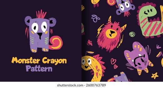 Seamless pattern with crayon children drawing. Vector cartoon doodle illustration with cute kind monsters for halloween or notebook cover