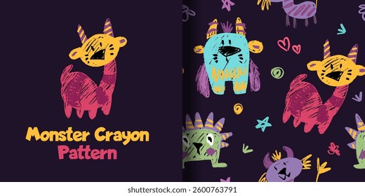 Seamless pattern with crayon children drawing. Vector cartoon doodle illustration with cute kind monsters for halloween or notebook cover