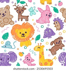 Seamless pattern with crayon childrens drawing. Vector cartoon doodle illustration with cute animals for textile printing or notebook cover, kindergarten design