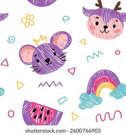 Seamless pattern with crayon childrens drawing. Vector cartoon doodle illustration with cute animals for textile printing or notebook cover, kindergarten design