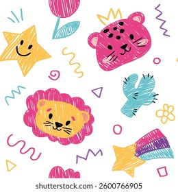 Seamless pattern with crayon childrens drawing. Vector cartoon doodle illustration with cute animals for textile printing or notebook cover, kindergarten design