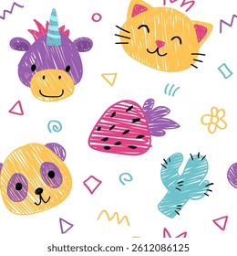 Seamless pattern with crayon childrens drawing. Vector cartoon doodle illustration with cute animals for textile printing or notebook cover, kindergarten design