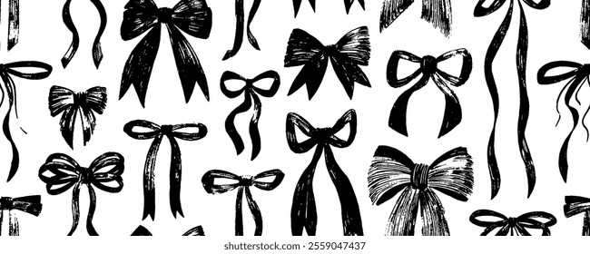 Seamless pattern with crayon drawn croquette bows. Hand drawn ribbons and bows wrapping paper. Funky retro girly seamless pattern. Cute coquette background with vector ribbons.