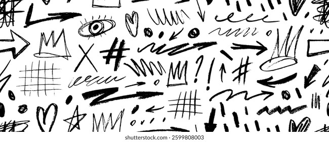 Seamless pattern with crayon drawn doodle shapes, grids, arrows and crowns. Punk style seamless banner design. Creative abstract funky ink elements, kid's drawings, shapes, trendy texture cute drawing