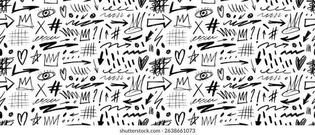 Seamless pattern with crayon drawn doodle shapes, grids, arrows and crowns. Punk style seamless banner design. Creative abstract funky ink elements, kid's drawings, shapes, trendy texture cute drawing