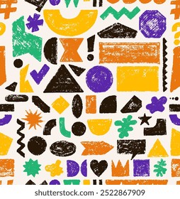 Padrão contínuo crayon desenhado formas geométricas básicas, figuras peculiares. Esboço de lápis ou textura de giz, figuras quadradas, triângulo, retângulo, círculo, coroa. Estilo de crianças vetor padrão sem costura do modelo.