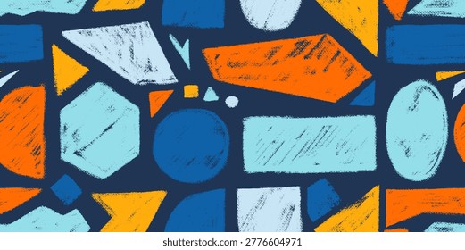 Seamless pattern crayon drawn geometric shapes with grunge texture. Basic forms including circle, square, triangle, hexagon, rectangles for abstract design. Hand drawn scribble, scratch pencil figures