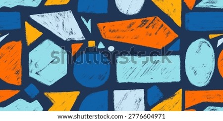 Seamless pattern crayon drawn geometric shapes with grunge texture. Basic forms including circle, square, triangle, hexagon, rectangles for abstract design. Hand drawn scribble, scratch pencil figures