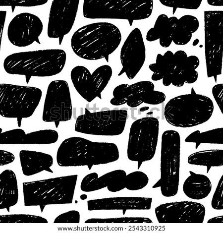Seamless pattern with crayon drawn speech bubbles. Hand drawn chalk pencil dialog balloons. Kid's doodle wallpaper. Vector seamless pattern with graphic speech bubbles, international motif.