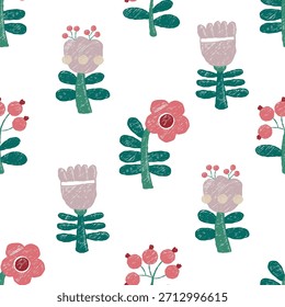  Patrón sin fisuras Crayón Flores sobre fondo blanco. Ornamento Floral Dibujado A Mano. Plantilla texturizada dibujo primitivo doodle. Ilustración vectorial. No es IA