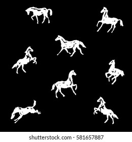 Seamless pattern with crayon hand drawing white silhouette horses. Vector background. Chalk drawing illustration.