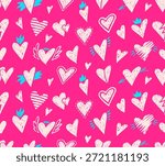 Seamless pattern with crayon hearts, angel wings and crown. Doodles elements for romantic designs, graffiti art, Valentine Day cards with chalk texture. Love background with hearts, vector illustration