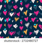 Seamless pattern with crayon hearts, angel wings and crown. Doodles elements for romantic designs, graffiti art, Valentine Day cards with chalk texture. Love background with hearts, vector illustration