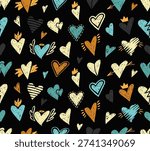 Seamless pattern with crayon hearts, angel wings and crown. Doodles elements for romantic designs, graffiti art, Valentine Day cards with chalk texture. Love background with hearts, vector illustration