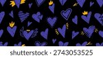 Seamless pattern with crayon hearts, angel wings and crown. Doodles elements for romantic designs, graffiti art, Valentine Day cards with chalk texture. Love background with hearts, vector illustration