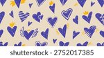 Seamless pattern with crayon hearts, angel wings and crown. Doodles elements for romantic designs, graffiti art, Valentine Day cards with chalk texture. Love background with hearts, vector illustration
