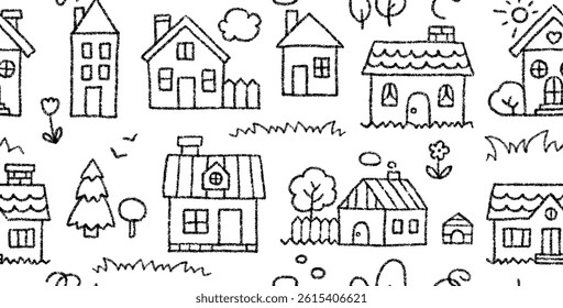 Seamless pattern with crayon pencil drawn houses. Charcoal sketch of cute village buildings, sun, trees and flowers. Black crayon small houses seamless pattern, vector illustration
