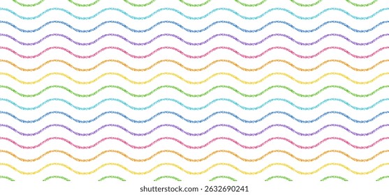 Padrão contínuo com linhas onduladas de giz de cera. Fundo pastel abstrato com listras arco-íris com textura de giz. Crayon padrão sem emenda com ondas de arco-íris em branco bg, ilustração vetorial