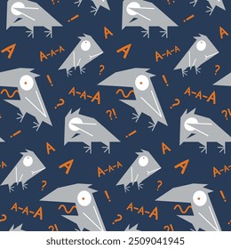 Seamless pattern with crazy cartoon birds. Cute creative surface design with screaming crows. Modern graphics, decor element with wild animals. Vector illustration.