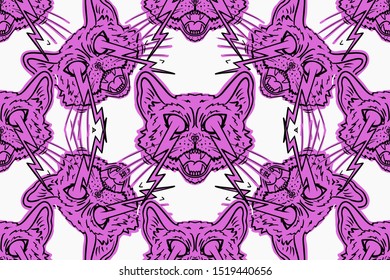 seamless pattern crazy cat with lightning from eyes