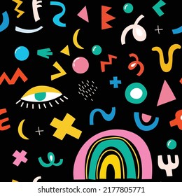 Seamless pattern with crazy comic faces and colorful geometric shapes with outline. Mosaic texture in complementary bright and black colors.