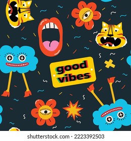 Seamless pattern with crazy comic faces, creepy characters and colorful geometric shapes with outline. Mosaic texture in complementary bright and black colors.