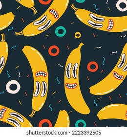 Seamless pattern with crazy comic faces, creepy characters and colorful geometric shapes with outline. Mosaic texture in complementary bright and black colors.