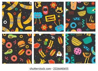 Seamless pattern with crazy comic faces, creepy characters and colorful geometric shapes with outline. Mosaic texture in complementary bright and black colors.