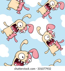 A seamless pattern of a crazy Easter bunny flying through the clouds in the sky.