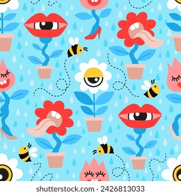 Seamless pattern of crazy house plants in a flat cartoon style. Vector hand drawn doodle flowers and bees in a flat cartoon style on blue background