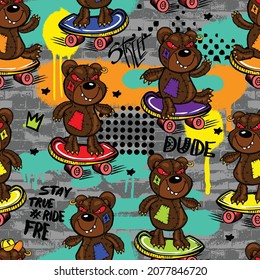 Seamless pattern with crazy monster bear on skate . for graphic tees, kids textile, clothes, banner, girls, women, child. 