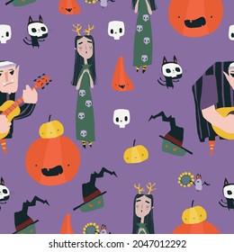 Patrón sin problemas con una fiesta de música loca con bandas de personajes de caricatura de Halloween