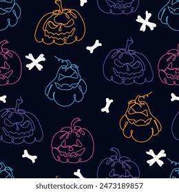 Seamless pattern with crazy pumpkins аnd bones. Continuous one line drawing vector illustration. Halloween symbol. Can be used for wallpaper, wrapping paper, posters, banners, flyers and invitations