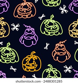 Seamless pattern with crazy pumpkins аnd bones. Continuous one line drawing vector design. Halloween print in neon colors. Great for wallpaper, wrapping paper, posters, banners, flyers and invitations