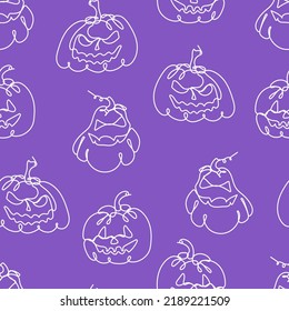 Seamless pattern with crazy pumpkins. Continuous one line drawing vector illustration. Halloween symbol. Can be used for wallpaper, wrapping paper, posters, banners, flyers and invitations