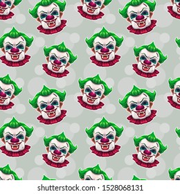 Seamless pattern with crazy scary clown faces. Vector texture for textile print design.