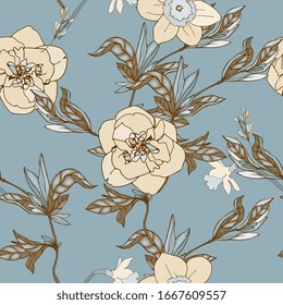 Seamless pattern with cream, beige flowers and leaves of daffodils on light blue color background. Tropical flowers vector illustration.