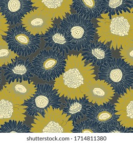 Seamless pattern with cream, beige, ochre grey flowers of chrysanthemums. Vector square template hand-drawn. Floral design for fabric and wallpaper.