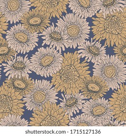 Flores crema, beige y ocre de crisantemos sin inconvenientes. Plantilla cuadrada vectorial dibujada a mano. Diseño floral para tela y papel pintado.
