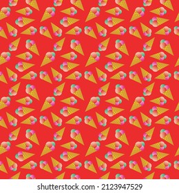 Seamless pattern.Ice cream cones on a red background. It is well suited for wrapping paper, children's invitations, textiles and backgrounds.
