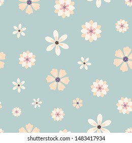 Seamless pattern of cream flowers on a blue background.
