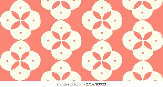 Seamless pattern of cream flowers with red details on a bright red background. Festive floral pattern inspired by Chinese New Year symbolism of prosperity and luck.