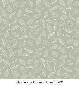 Seamless pattern of cream leaf outlines on a muted green background.
