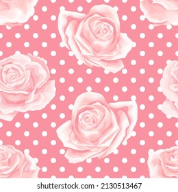 Seamless pattern with cream pink rose buds. Vintage floral vector background for valentines or happy mothers day. Polka dot texture for vintage decoration, bedding fabric, textile or linen