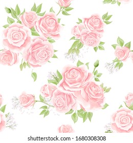 Seamless pattern with cream pink roses. Vintage floral background vector illustration. Texture for vintage decoration, bedding fabric, textile, dress cloth or linen