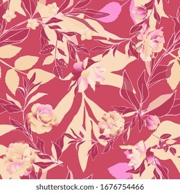 Seamless pattern with cream roses and ochre leaves on red background. Tropical flowers, lily. Vector illustration with plants. EPS 10