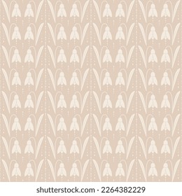Seamless Pattern of cream snowdrop flowers and droplet stripes on a beige background.
